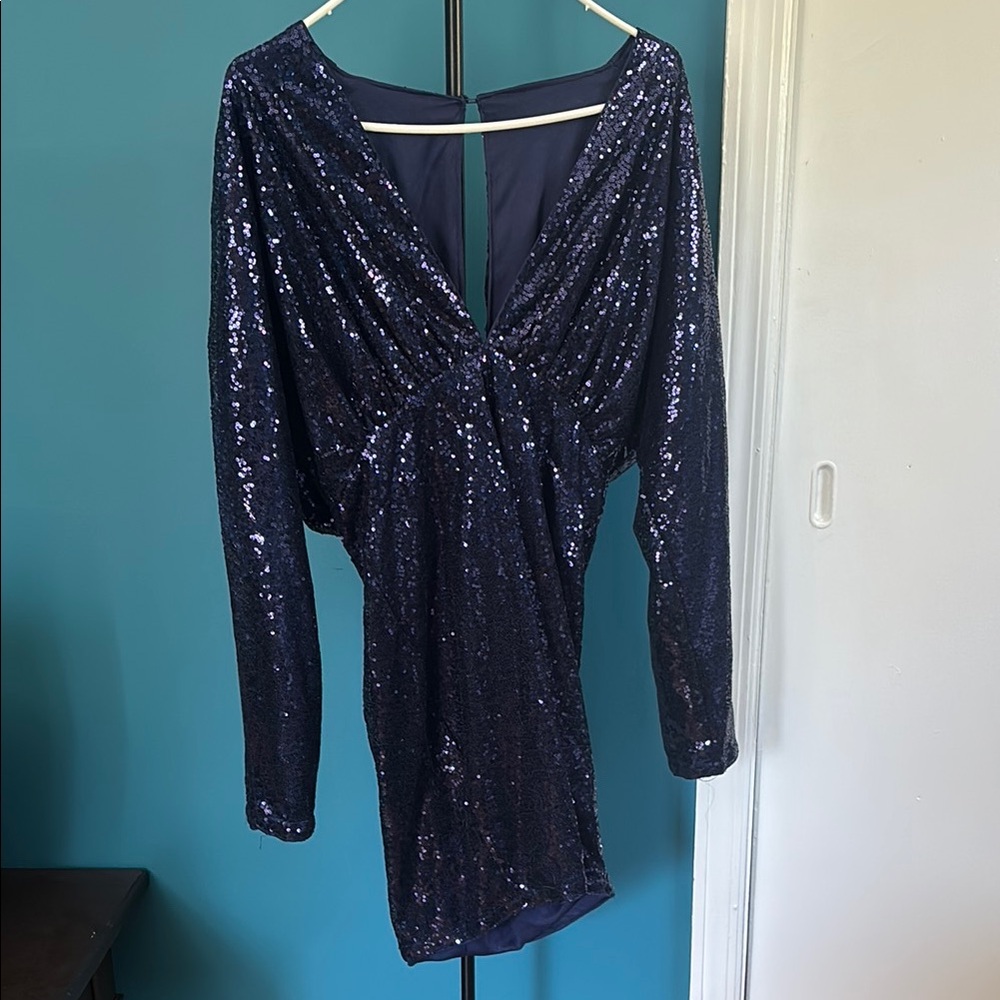 Navy Blue Sequin Wrap V-Neck Dress